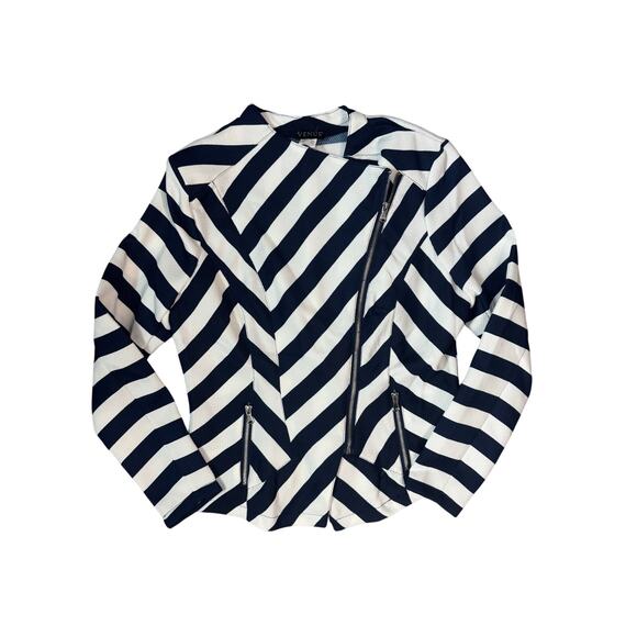 VENUS Striped Scuba Knit Moto Jacket S Black & White Asymmetrical Zip - Picture 2 of 7